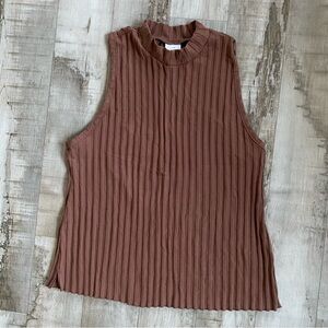 Mock Turtleneck Brown Ribbed Textured Business Tank Top Stretch